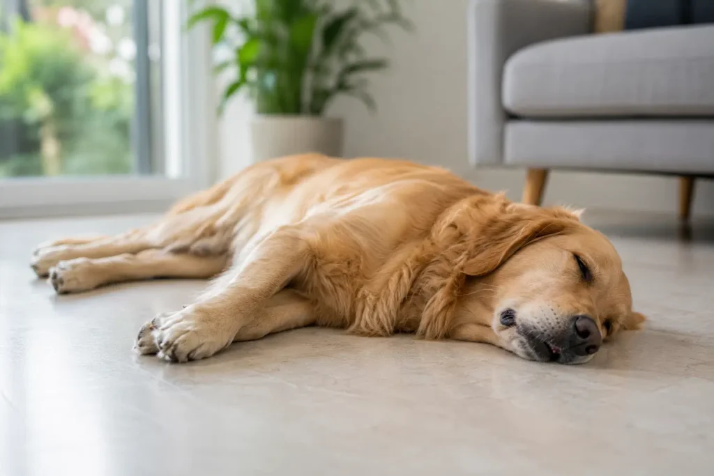 Dog experiencing a mild seizure while lying safely on the floor at home