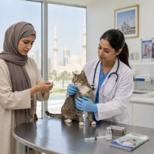 Veterinarian examining a cat in a veterinary clinic while a worried pet owner checks a scratch on her hand in Sharjah