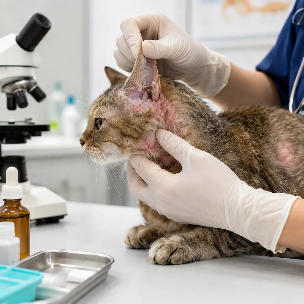 Skin mites in cats being examined by a vet in Sharjah