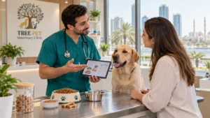 Veterinarian discussing pet nutrition with a pet owner in Sharjah