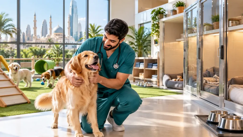 Professional dog boarding facility in Sharjah with veterinarian caring for a dog