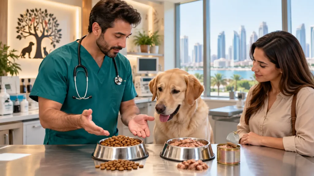 Veterinarian comparing dry and wet pet food with a Labrador in Sharjah