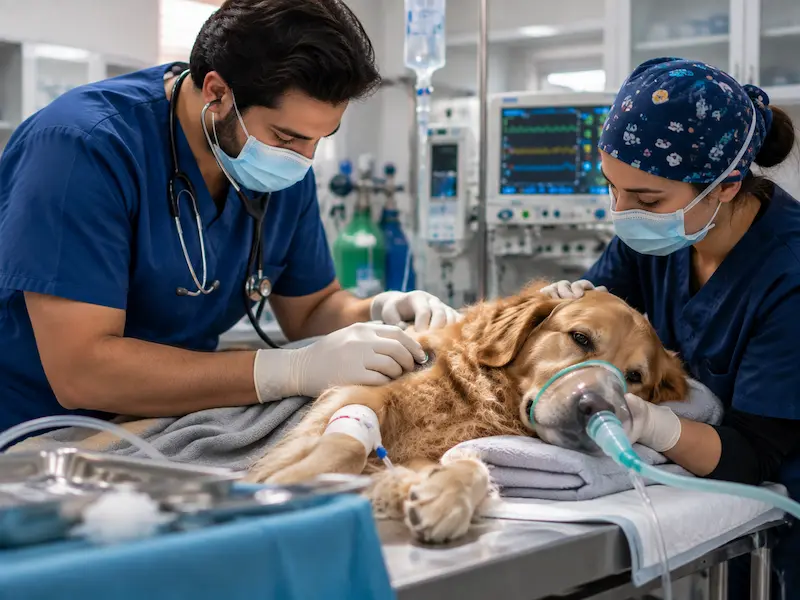 Veterinarian providing emergency care to a pet