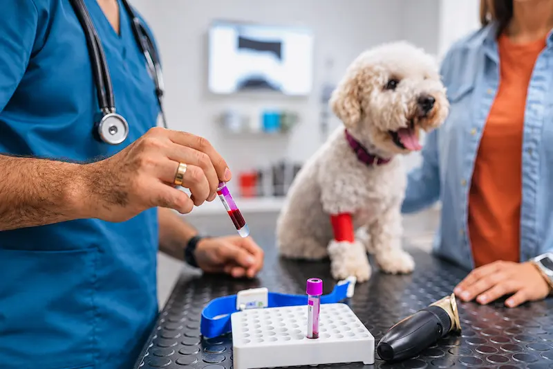 Veterinarian assessing whether a pet needs blood tests