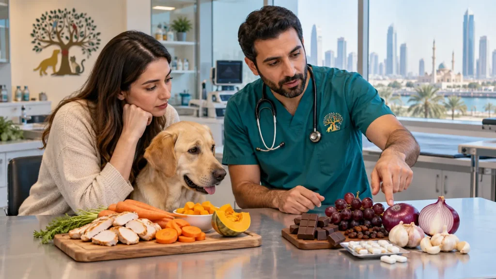 Veterinarian explaining safe and dangerous human foods for pets in Sharjah