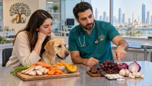 Veterinarian explaining safe and dangerous human foods for pets in Sharjah