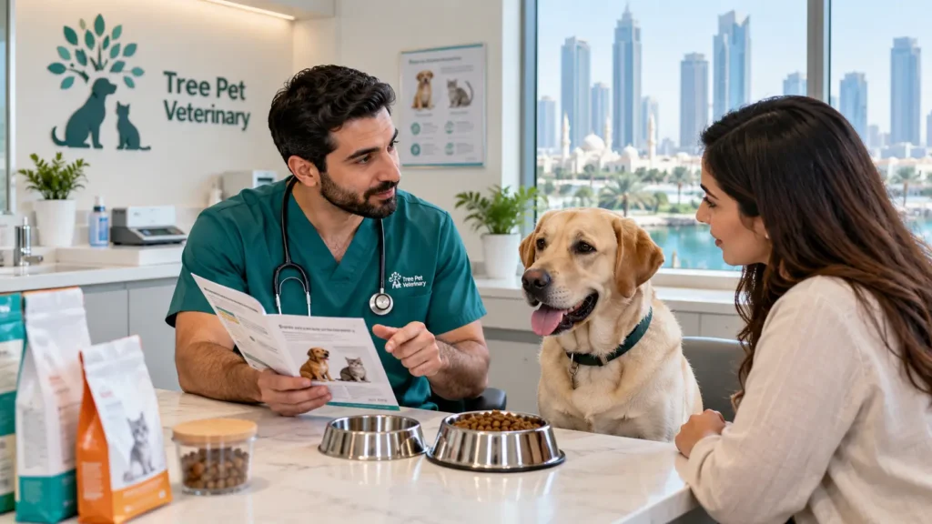 Male veterinarian discussing a pet diet with an owner and Labrador at a veterinary clinic in Sharjah