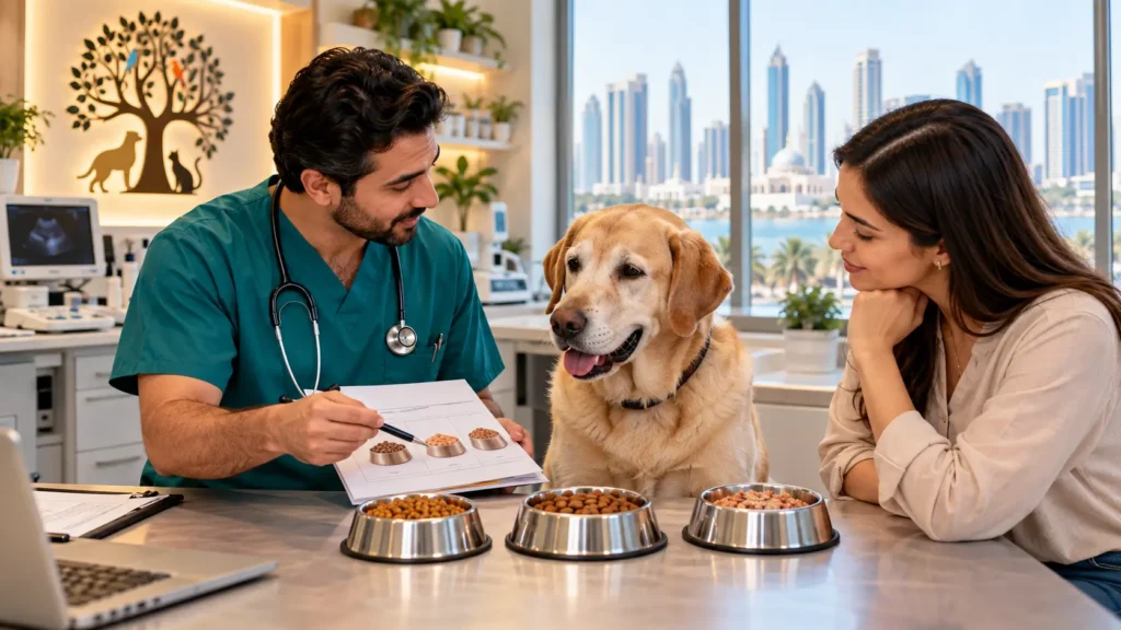 Veterinarian discussing changing pet diet needs with a Labrador in Sharjah
