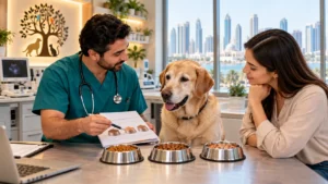 Veterinarian discussing changing pet diet needs with a Labrador in Sharjah