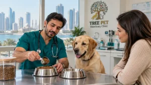 Veterinarian measuring pet food portions for a Labrador at a veterinary clinic in Sharjah