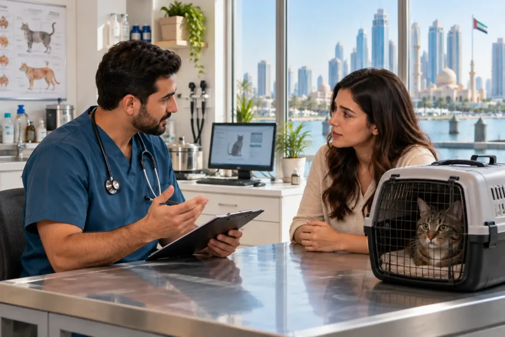 Male veterinarian discussing a veterinary consultation with a pet owner while a tabby cat waits in a carrier at a modern veterinary clinic in Sharjah