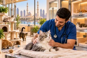 Male veterinarian caring for a cat in a modern cat boarding facility in Sharjah