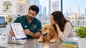 Veterinarian reviewing pet diagnostic test results at Tree Pet Veterinary Clinic Sharjah