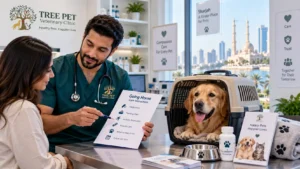 Male veterinarian explaining pet recovery and discharge instructions to a pet owner at Tree Pet Veterinary Clinic Sharjah