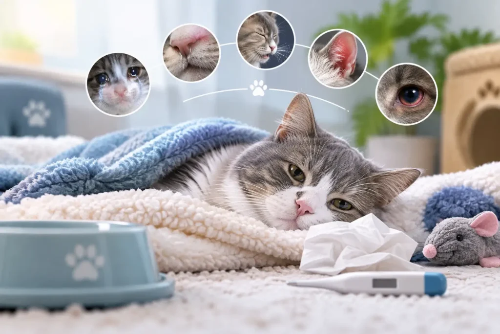 Cat flu symptoms showing watery eyes, runny nose, and sneezing in a sick cat.