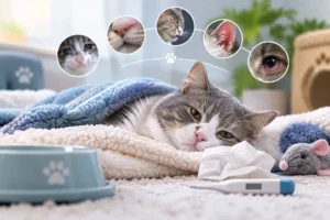 Cat flu symptoms showing watery eyes, runny nose, and sneezing in a sick cat.