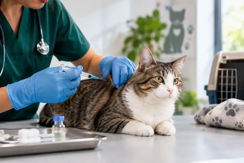 Veterinarian administering a cat flu vaccine to a tabby cat