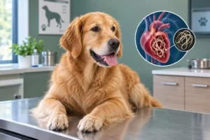 A lethargic dog resting on the floor, highlighting the early stages of heartworm symptoms in dogs.